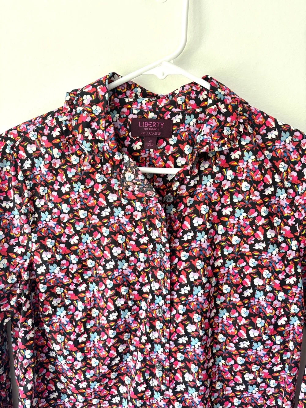 J. Crew Liberty Floral Print Sarah Button Down Front Neck Tie Preppy Black Pink - Picture 3 of 12